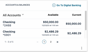 Table of all accounts and the available and current balances.