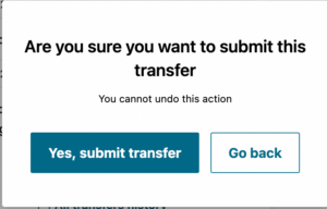 "Are you sure you want to submit this transfer?" confirmation screen.